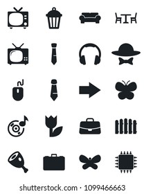 Set of vector isolated black icon - cafe vector, tv, right arrow, case, mouse, tie, fence, butterfly, garden light, tulip, headphones, music, cushioned furniture, dress code, ham, chip