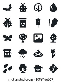 Set of vector isolated black icon - tree vector, butterfly, lady bug, water drop, rain, well, seeds, caterpillar, bird house, tulip, gallery, fruit, eco, smoke detector