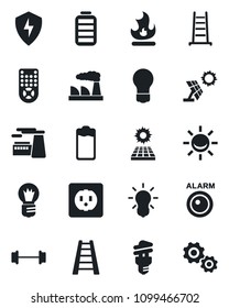 Set of vector isolated black icon - bulb vector, factory, ladder, fire, barbell, remote control, battery, protect, sun panel, socket, energy saving, alarm led, gear