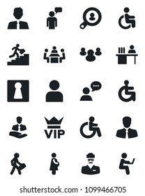 Set of vector isolated black icon - female vector, vip, disabled, speaking man, doctor, pregnancy, client, speaker, group, user, manager desk, meeting, career ladder, search, estate agent