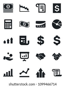 Set of vector isolated black icon - dollar sign vector, receipt, news, bar graph, pie, point, handshake, credit card, arrow up, crisis, investment, cash, calculator, presentation, contract
