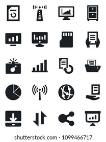 Set of vector isolated black icon - antenna vector, bomb in case, document, statistic monitor, reload, network, sd, data exchange, download, statistics, bar graph, pie, folder, archive box