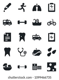 Set of vector isolated black icon - seeds vector, diagnosis, stethoscope, dropper, ambulance car, barbell, bike, run, lungs, tooth, caries, pulse clipboard, diet, hospital, pool, salad, cheese