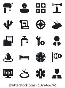 Set of vector isolated black icon - bed vector, wind, statistic monitor, contract, water drop, pond, ambulance star, patient, route, folder document, reel, antenna, application, root setup, target