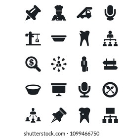 Set of vector isolated black icon - spoon and fork vector, signpost, ladder car, hierarchy, presentation board, caries, microphone, paper pin, manager, crane, cook, bowl, money search