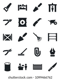 Set of vector isolated black icon - passport control vector, security gate, trowel, rake, wheelbarrow, pruner, saw, garden knife, cargo container, oil barrel, rack, paper clip, ink pen