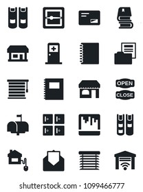 Set of vector isolated black icon - shop vector, medical room, checkroom, book, store, mail, scanner, copybook, document folder, mailbox, open close, home control, jalousie, garage gate