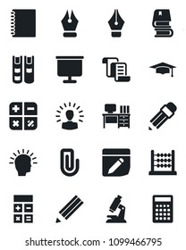 Set of vector isolated black icon - contract vector, calculator, graduate, desk, microscope, notes, copybook, presentation board, paper clip, abacus, ink pen, pencil, book, shining head