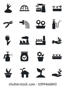 Set of vector isolated black icon - factory vector, flower in pot, seedling, watering, sproute, pruner, greenhouse, garden sprayer, fertilizer, tulip, eco house, palm