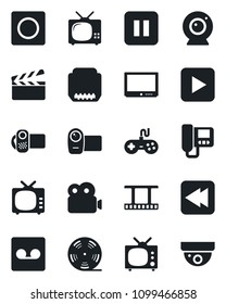 Set of vector isolated black icon - clapboard vector, film frame, reel, tv, gamepad, video camera, play button, pause, rewind, hdmi, record, web, intercome, surveillance