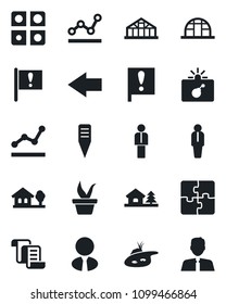 Set of vector isolated black icon - bomb in case vector, left arrow, manager, contract, seedling, plant label, greenhouse, important flag, application, point graph, house with tree, pond