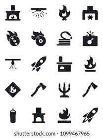 Set of vector isolated black icon - bomb in case vector, fire, hose, axe, fireplace, flammable, flame disk, candle, sprinkler, rocket