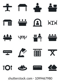 Set of vector isolated black icon - cafe vector, reception, flight table, desk, meeting, manager place, picnic, lamp, restaurant, serviette, reserved