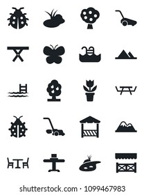 Set of vector isolated black icon - cafe vector, flower in pot, lawn mower, butterfly, lady bug, pond, picnic table, pool, fruit tree, mountains, restaurant, alcove