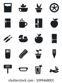 Set of vector isolated black icon - hot cup vector, seedling, plant label, fridge, drink, phyto bar, salad, bacon, kebab, dog, apple fruit, fan, palm sproute