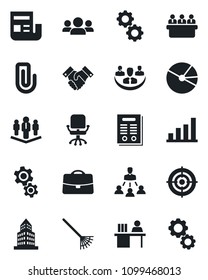 Set of vector isolated black icon - office chair vector, meeting, rake, case, company, paper clip, building, bar graph, pie, news, manager desk, target, hierarchy, handshake, contract, gear, group