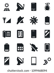Set of vector isolated black icon - satellite antenna vector, mobile phone, virus, cell, low battery, back, sim, mute, cellular signal, office, sun panel