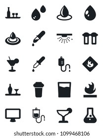 Set of vector isolated black icon - water drop vector, dropper, flammable, monitor, alcohol, drink, cocktail, filter, sprinkler, flask