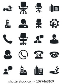 Set of vector isolated black icon - office chair vector, phone, 24 hours, support, speaker, radio, call, root setup, palm sproute