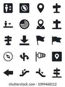 Set of vector isolated black icon - elevator vector, escalator, left arrow, wind, radar, route, signpost, pin, download, place tag, compass, flag, guidepost