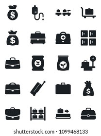 Set of vector isolated black icon - suitcase vector, baggage conveyor, trolley, larry, luggage storage, scales, checkroom, case, money bag, fertilizer, doctor, dropper