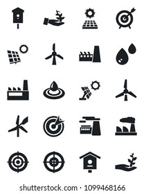 Set of vector isolated black icon - factory vector, bird house, target, sun panel, windmill, water, palm sproute