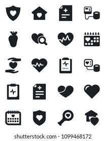 Set of vector isolated black icon - heart vector, pulse, diagnosis, blood pressure, diagnostic, shield, hand, real, medical calendar, clipboard, sweet home