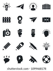 Set of vector isolated black icon - automatic door vector, brainstorm, bulb, camera, pencil, fence, rolling pin, energy saving, shining head, idea, paper plane, crisis management