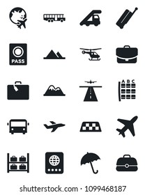 Set of vector isolated black icon - plane vector, runway, taxi, suitcase, airport bus, umbrella, passport, ladder car, helicopter, seat map, luggage storage, globe, mountains, case