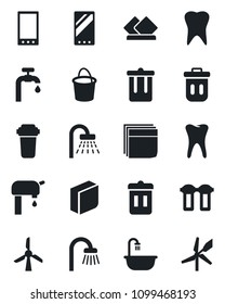 Set of vector isolated black icon - trash bin vector, shower, bucket, tooth, mobile, blank box, water supply, bathroom, serviette, filter, windmill
