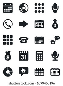 Set of vector isolated black icon - right arrow vector, calendar, circle chart, microphone, menu, calculator, phone, home message, money bag