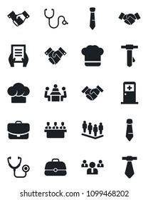 Set of vector isolated black icon - medical room vector, handshake, team, tie, document, stethoscope, meeting, cook hat, case