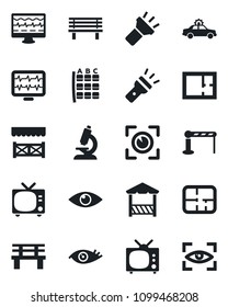 Set of vector isolated black icon - barrier vector, tv, alarm car, seat map, bench, monitor pulse, microscope, eye, torch, plan, alcove, scan