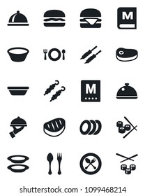 Set of vector isolated black icon - spoon and fork vector, dish, cafe, menu, plates, waiter, steak, kebab, hamburger, bowl, sushi