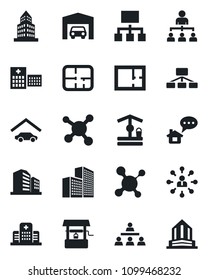 Set of vector isolated black icon - hierarchy vector, well, molecule, hospital, office building, garage, plan, home message