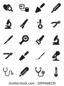 Set of vector isolated black icon - trowel vector, pruner, saw, stethoscope, blood pressure, thermometer, heart diagnostic, microscope, scalpel, microphone