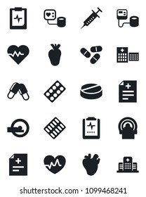 Set of vector isolated black icon - heart pulse vector, diagnosis, syringe, blood pressure, pills, blister, tomography, real, clipboard, hospital