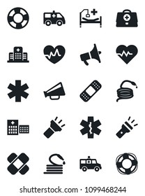 Set of vector isolated black icon - hose vector, heart pulse, doctor case, patch, ambulance star, car, hospital bed, loudspeaker, torch, crisis management