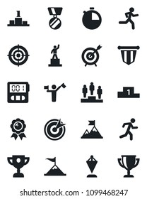 Set of vector isolated black icon - dispatcher vector, pedestal, pennant, medal, run, stopwatch, target, motivation, award cup