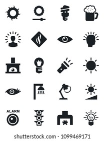 Set of vector isolated black icon - bulb vector, sun, eye, traffic light, torch, brightness, desk lamp, fireplace, beer, smoke detector, energy saving, outdoor, alarm led, shining head, idea