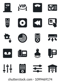 Set of vector isolated black icon - radar vector, scales, remote control, rewind, rec button, tuning, record, stamp, vip zone, home, air conditioner, intercome, app, garage gate