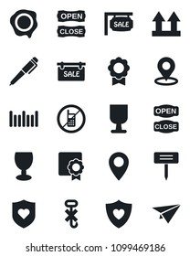 Set of vector isolated black icon - no mobile vector, stamp, plant label, heart shield, pin, fragile, up side sign, hook, barcode, place tag, sertificate, pen, sale, open close, paper plane