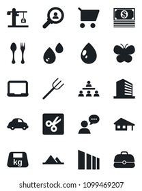 Set of vector isolated black icon - spoon and fork vector, office building, notebook pc, farm, butterfly, water drop, car delivery, sorting, heavy, speaker, cut, hierarchy, house with garage, crane