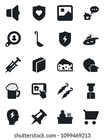 Set of vector isolated black icon - brainstorm vector, drawing pin, syringe, heart shield, gallery, protect, blank box, manager desk, pond, client search, cook, beer, kebab, ladle, cheese, sound