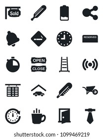 Set of vector isolated black icon - smoking place vector, flight table, ladder, wheelbarrow, thermometer, clock, low battery, stopwatch, bell, garage, sold signboard, reserved, coffee, open close