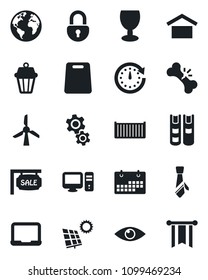 Set of vector isolated black icon - notebook pc vector, eye, broken bone, earth, cargo container, fragile, warehouse storage, lock, calendar, tie, book, sun panel, sale, cutting board, gear, clock