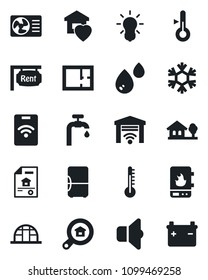 Set of vector isolated black icon - greenhouse vector, house with tree, water supply, plan, estate document, rent, search, sweet home, heater, snowflake, air conditioner, thermometer, bulb, sound