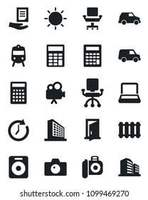 Set of vector isolated black icon - train vector, camera, office building, document, sun, video, speaker, calculator, chair, notebook pc, radiator, door, clock, car