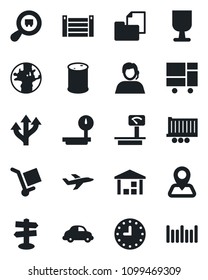 Set of vector isolated black icon - route vector, signpost, navigation, earth, plane, support, truck trailer, car delivery, clock, container, consolidated cargo, folder document, fragile, warehouse