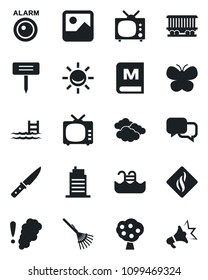 Set of vector isolated black icon - clouds vector, rake, butterfly, plant label, railroad, tv, dialog, gallery, pool, fruit tree, city house, menu, knife, smoke detector, alarm led, advertising